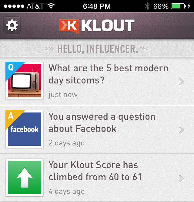 Screen grab of questions from the Klout app on iPhone